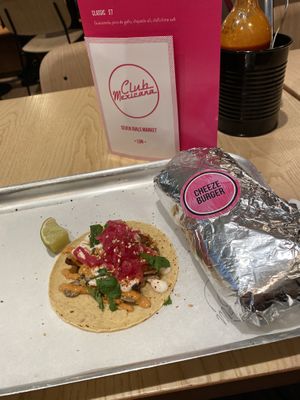 Mushroom and smoked tofu taco + Cheezeburger burrito at Club Mexicana - Seven Dials in London