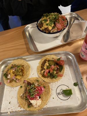 3x different flavoured tacos and cheeze burger naked burrito  at Club Mexicana - Seven Dials in London