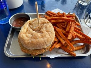 Chickpea burger with sweet potato friess  at One80 in Mgarr