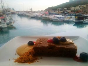 The most divine cake I've had on the island - Carrot Cake with Caramel Sauce and a dusting of Caramel Powder, Pumpkin Custard and Blueberries. Vegan and Gluten-Free. 10euro at One80 in Mgarr