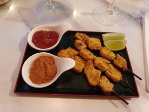 Seitan chicken satay skewers at Vertigo - Jack Rosenthal in Manchester