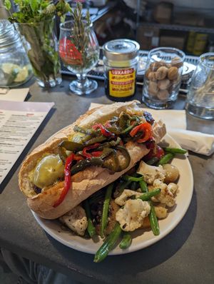 Vegan meatball hoagie with roasted veggies at Boxcar in Atlanta