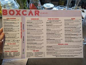 Vegan options clearly labeled on the menu at Boxcar in Atlanta