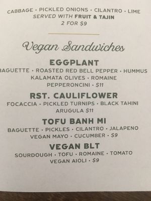 Vegan sandwich menu at August Rhodes Market in Tucson