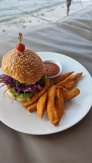 Tempeh burger at Penida Colada Beach Bar in Penida Island