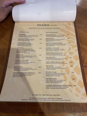 Up to date main menu. I had the chickpea which was pretty good. Solid 7.8/10    at Penida Colada Beach Bar in Penida Island