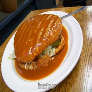 Torta ahogada (drenched torta) at Papis Tacos Al Carbon in Riverside