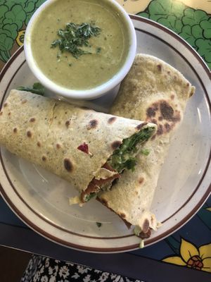 ABLT - avocado veggie bacon lettuce tomato wrap with soup of the day broccoli almond - so tasty and healthy! at Annapurna's World Vegetarian Cafe - 4th St in Albuquerque