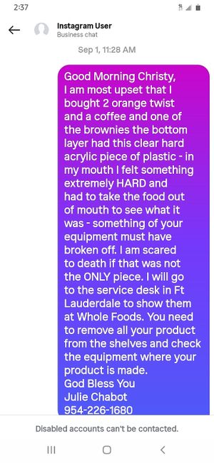 My TEXT to Chef Christy day of incident in your store. Sent prior to walking up to Customer Service according to my receipts with time stamps at Whole Foods Market in Fort Lauderdale