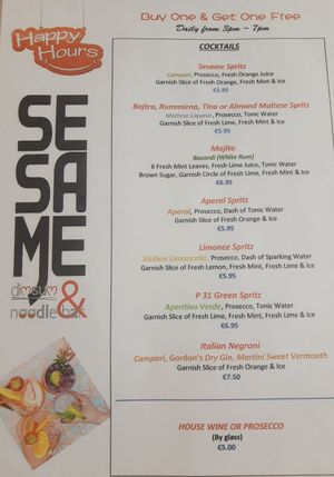 Menu at Sesame in Valletta