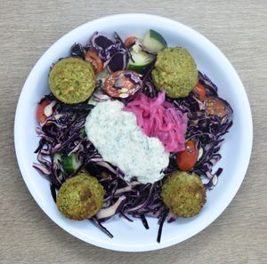 YYalla Plate - Red Cabbage, Onion, Cucumber, Tomato, Lemon Juice, Olive Oil, Cilantro, Falafel, Dill & Mint Yogurt Sauce at Revel Kitchen in Clayton