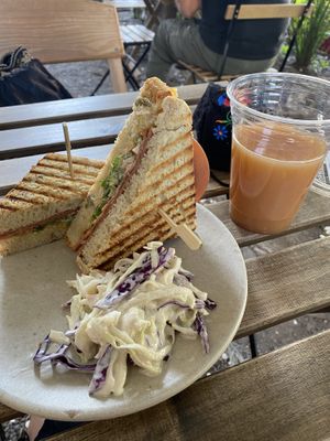 Ham and cheese toastie, iced chai at Café Vegetal in Mexico City