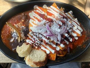 Chilaquiles Rojos con chorizo   at Café Vegetal in Mexico City