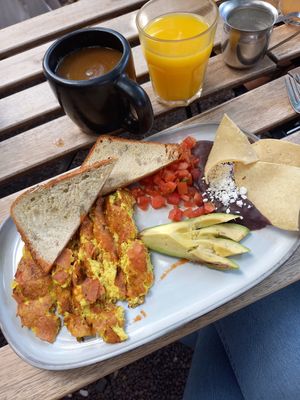 Scrambled tofu with ham, Avocado, Tomato, Bread, Frijoles & Chips at Café Vegetal in Mexico City