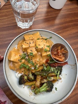 Tofu, rice, creamy sauce, broccoli kimchi  at Café Vegetal in Mexico City