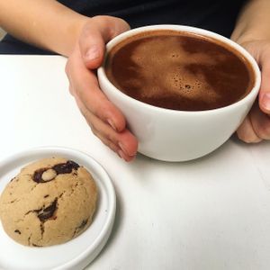 Mexican hot chocolate and chocolate chip cookie at Café Vegetal in Mexico City
