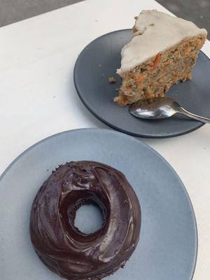Double chocolate doughnut and carrot cake at Café Vegetal in Mexico City