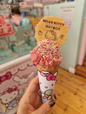 Vegan raspberry ice cream with sprinkles and wafer. at ARTBOX in Brighton