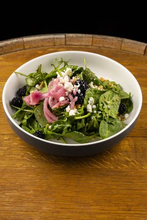 Spring Menu 2022
"Spring Salad" 
Honey Roasted Pecans | Feta | Arugula | Watercress | Blackberries | Pickled Red Onions | Cherry Tomatoes |
Wild Berry Balsamic Vinaigrette at Hollow Spirits Distillery in Albuquerque