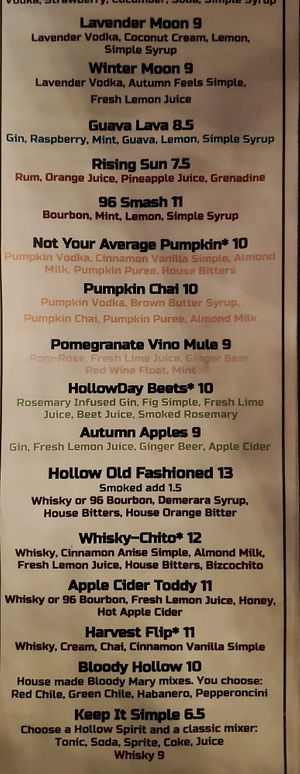 Cocktail Menu at Hollow Spirits Distillery in Albuquerque