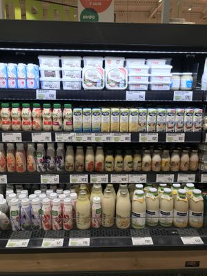 Plant based drinks, butter, spreads at Globus in Moscow