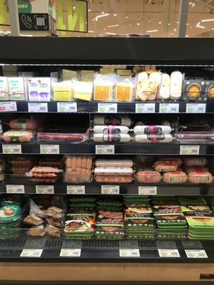 Vegan cheese, sausagem seitan, tofu at Globus in Moscow