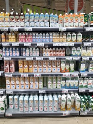 Plant based drinks isle at Globus in Moscow
