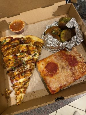 The Crispy Cauliflower slice, Sicilian slice, and Pesto Knots  at 3 Brothers of Rockville Center in Rockville Centre