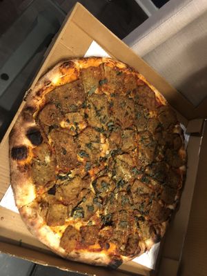 One large vegan pie , no cheese, light sauce, with eggplant oregano and basil, extra crispy   at 3 Brothers of Rockville Center in Rockville Centre