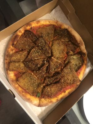One large vegan pie, no vegan cheese, light on sauce with eggplant, oregano and basil, extra crispy   at 3 Brothers of Rockville Center in Rockville Centre