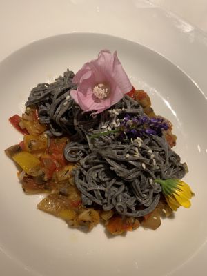 Bean spaghetti over ratatouille at Grünzeug in St Leonhard Im Pitztal