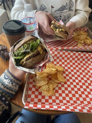 Dirty Chai, sourdough burger, and veggie burger  at Cosmic Veggies in Anacortes
