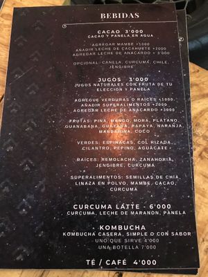 Drinks menu at Infinite Vegan - Crystal Collective in San Agustin