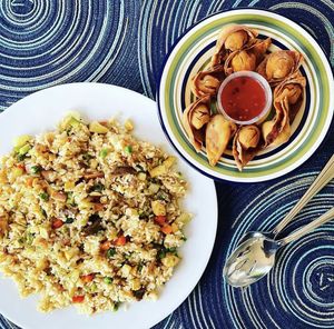 Rocket Wontons and Pineapple Fried Rice - so good!  at Eden in Dana Point