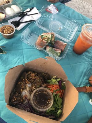 Rainbow roll, thai tea (omg so good), and the lemongrass beef vermicelli bowl. So so good! at Eden in Dana Point