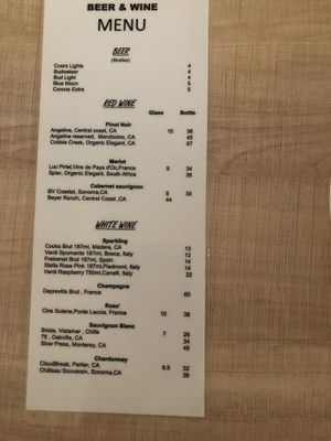 Beer and wine menu at Eden in Dana Point