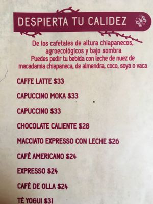 Lots of plant base options instead of regular milk at La Casa del Pan in San Cristobal De Las Casas