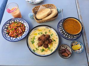 Falafel bowl and soup at Hamsa in Chefchaouen