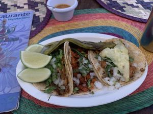 Mushroom, Tofu, and al pastor  at Govinda Ram in Tepoztlan