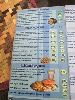 Menu breakfast, salad and burgers at Govinda Ram in Tepoztlan