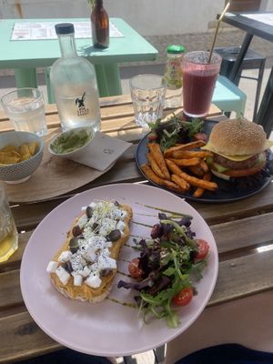 Vegan feta and sweet potato toast and vegan burger   at Sugar Rabbit Kaffé in Albufeira