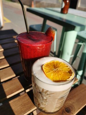 Berry juice and ice latte. at Sugar Rabbit Kaffé in Albufeira