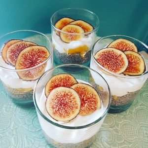Chia puddings with mango, soya iogurt and organic figs at Sugar Rabbit Kaffé in Albufeira