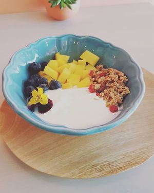 Greek  Brekkie served all day, with fresh fruit of the day, homemade granola and superfood seeds.

Optional with coconut iogurt or soy iogurt at Sugar Rabbit Kaffé in Albufeira