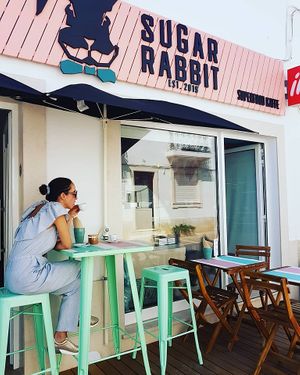 our cozy deck outside where you can relax having some healthy breakies and food all day to eat in or grab n go to cool down a little fresh juices, smoothies, acai bowls and more.  at Sugar Rabbit Kaffé in Albufeira