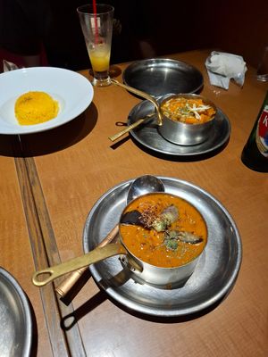 Tumeric rice. Eggplant and tomato curry, vegetable curry at Kanak in Hiroshima
