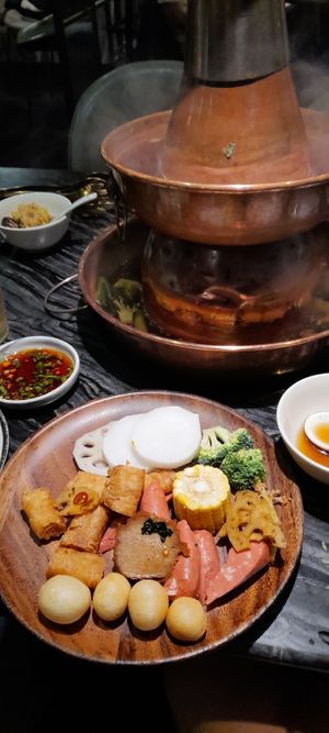 Vegan meat substitutes and vegetables ready to be cooked in the hotpot!  at Yangege 焱格格蔬食料理火锅 in Shanghai
