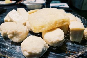 Wasabi cheese ball & tofu  at Yangege 焱格格蔬食料理火锅 in Shanghai