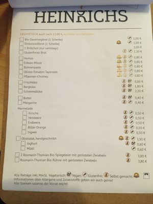 Breakfast menu at Heinrichs Plant-based Kitchen in Paderborn