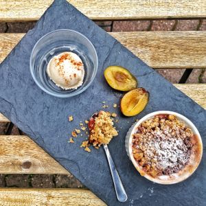 Plum Crumble with homemade vanilla ice cream at Hexenküche in Idstein